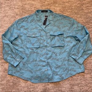 Lucky & Blessed Rodeo Pearl Snap Western Size 2XL Blue Long Sleeve Low Neck NWT